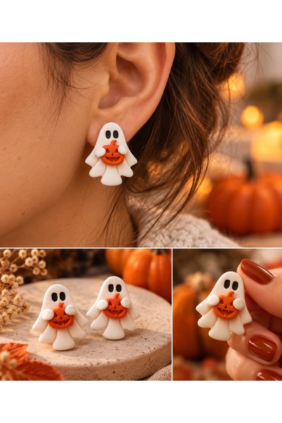 Lu Atelier Halloween Ghost and Pumpkin Figured Earrings – Handmade Polymer Cl...