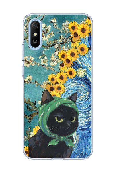 lelia حافظة هاتف شفافة متوافقة مع Redmi 9A مطبوعة عليها Starry Night Black Cat