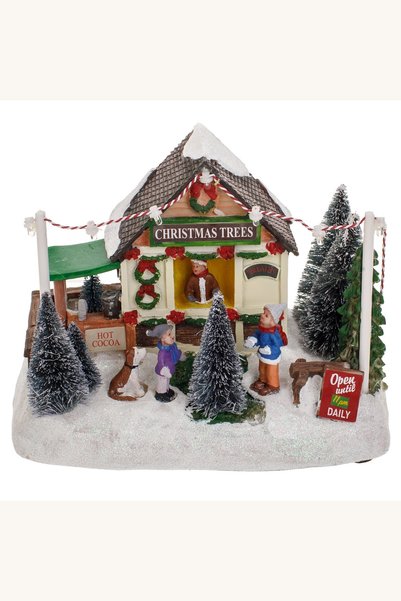 Comerivo Diorama Craciun cu magazin de brazi, figurine si leduri, 19x13x15cm
