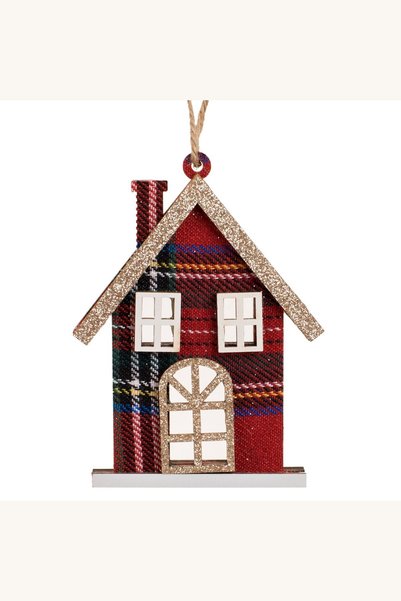 Comerivo Decoratiune casuta din lemn cu carouri si sclipici pentru brad, 8x11cm