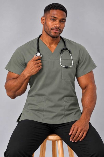 EMİR MEDİKAL (E-Flex) Olive Green Lycra Men's Single Top Non-Ironing Nurse and Doctor Uniform Scrubs Hospital Uniform