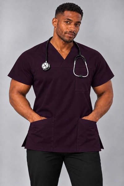 EMİR MEDİKAL (E-Flex) Plum Lycra Men's Single Top Non-Ironing Nurse and Doctor Uniform Scrubs Hospital Uniform