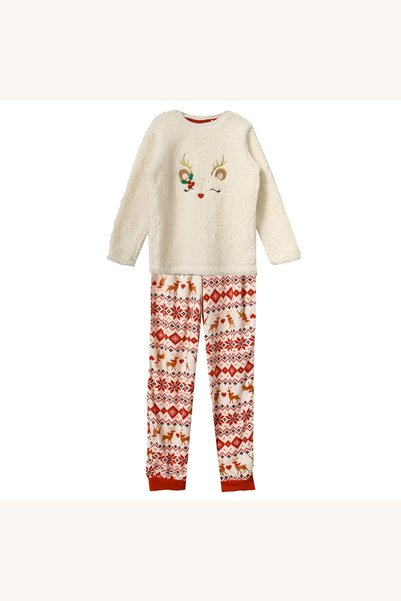 Comerivo Set pijamale Craciun albe cu broderie auriu si fleece, 5-6 ani
