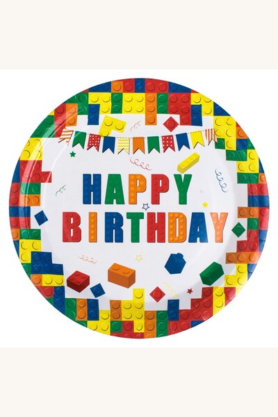 Comerivo Set 10 farfurii petrecere carton alb Happy Birthday, design cuburi c...