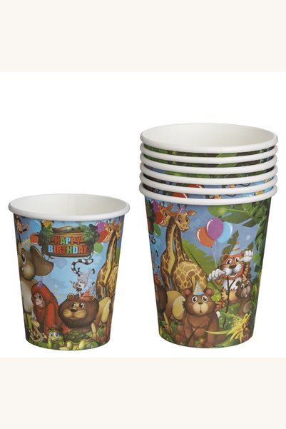 Comerivo Set 6 pahare petrecere carton 240ml cu animale jungla si Happy Birthday