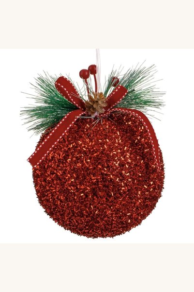 Comerivo Decoratiune Craciun Glob Rosu 12cm cu Ramuri Pine si Fundita Eleganta