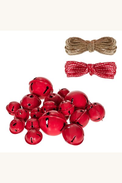 Comerivo Set 18 clopotei rosii de Craciun metalici cu snur si panglica pentru...