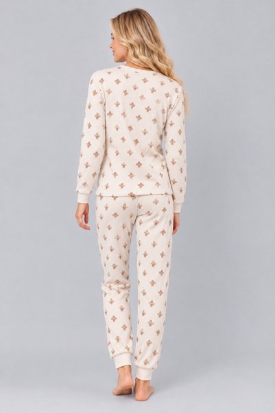Pijamask Kadın Desenli Bisiklet Yaka Uzun Kollu Baskılı Rahat Kesim Pijama Takımı