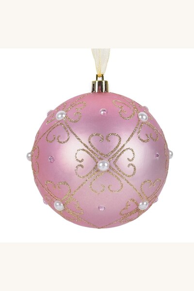 Comerivo Ornament Craciun glob roz mat floral auriu cu margele si strasuri 10cm