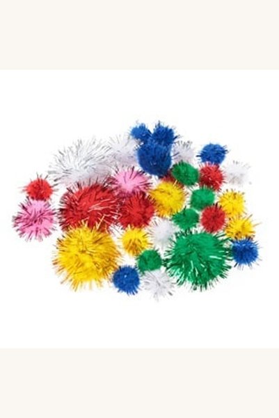 Comerivo Set 30 pompoane colorate cu tinsel argintiu pentru creații, 1-3cm
