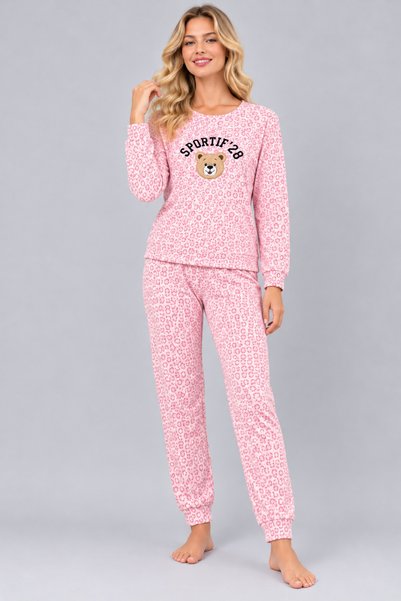 Pijamask Kadın Desenli Bisiklet Yaka Uzun Kollu Baskılı Rahat Kesim Pijama Takımı
