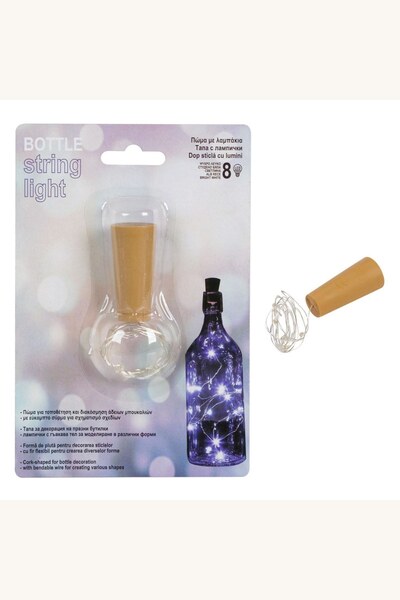 Comerivo Dop sticla cu 8 LED-uri albe, sarma flexibila 70cm, baterii incluse