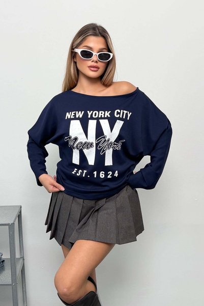 JEE LEE سويت شيرت نسائي برقبة قاربية مطبوع عليه مدينة نيويورك باللون الأزرق ا...