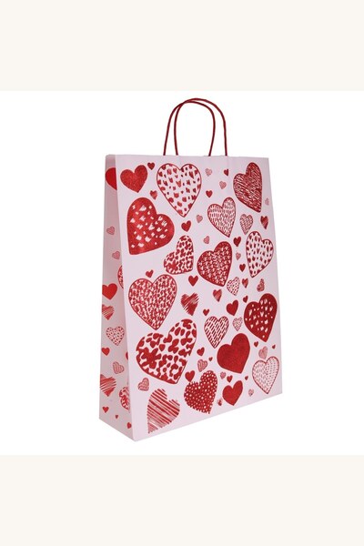 Comerivo Sacosa Cadou Roz cu Inimi Rosii si Glitter 32x11x42cm