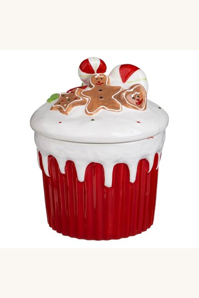 Comerivo Cutie ceramica de Craciun cupcake rosu, cu capac si om de turta dulc...