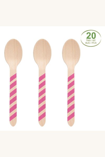 Comerivo 20 Linguri din Lemn cu Dungi Fucsia pentru Servire - 16cm