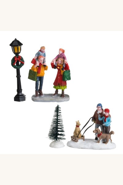Comerivo Set 4 figurine Craciun - familii cu caini, copaci si cadouri, polira...