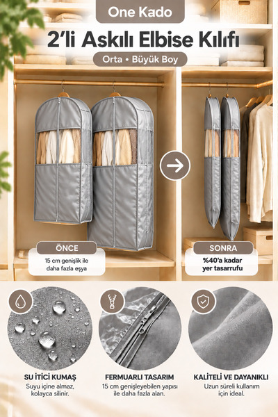 ONE KADO 2’li Fermuarlı Yer Tasarruflu 3 Boyutlu Askılı Elbise Kılıfı – Gri (...