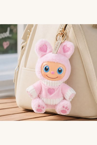 Comerivo Breloc bag charm iepuraș de pluș roz Bubu 17cm, cu broderie pe lăbuț...