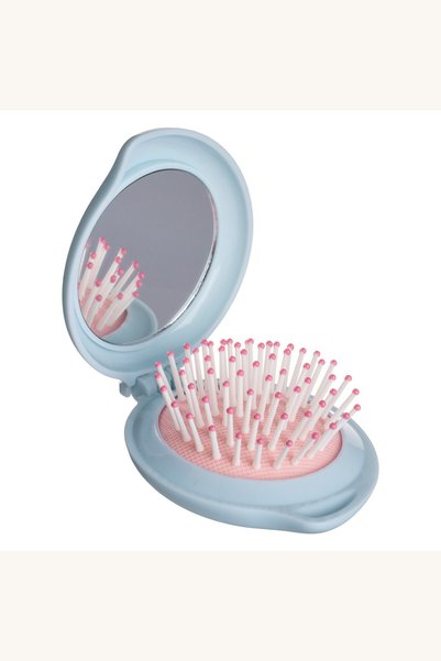 Comerivo Perie de par mini cu oglinda pliabila, 8cm, bleu si roz - perfecta p...