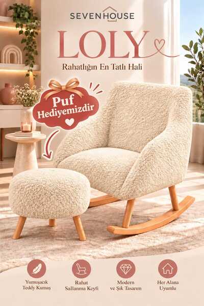 SevenHouse Loly Ahşap Ayaklı Sallanan Koltuk Berjer Salon Koltuk Teddy Kumaş ...