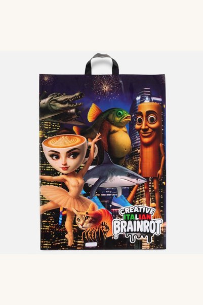Comerivo Sacosa cadou Brainrot pentru baieti, neagra, 50x70 cm, cu manere