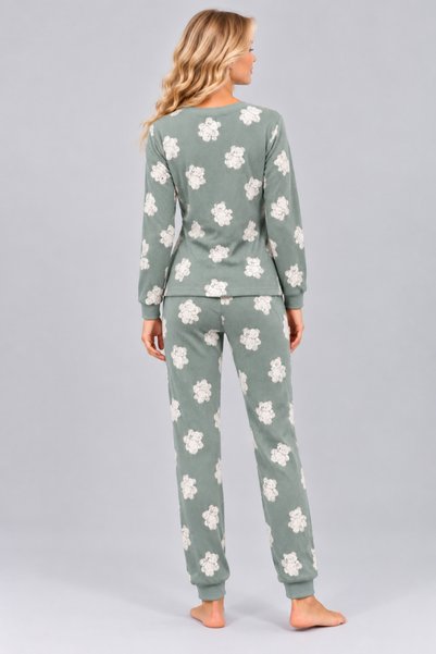 Pijamask Kadın Desenli Bisiklet Yaka Uzun Kollu Baskılı Rahat Kesim Pijama Takımı