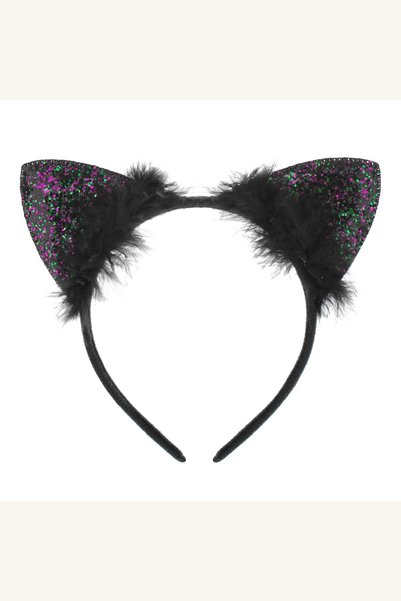 Comerivo Accesoriu Halloween Urechi Pisica Coronita Neagra cu Pene si Glitter