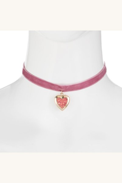 Comerivo Choker pentru fetite roz catifelat cu inima aurie si glitter