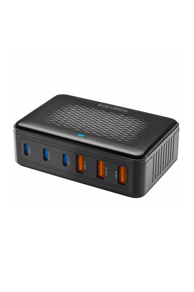 Rocoren 100W GaN 6 Portlu 3*Type-C 3*USB-A Masaüstü Hızlı Şarj İstasyonu Tele...