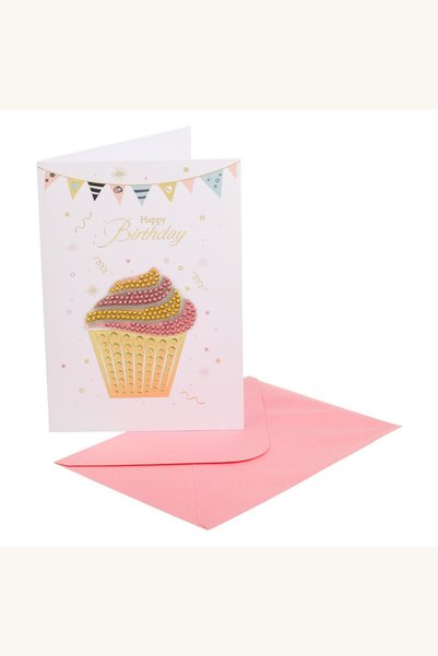 Comerivo Felicitare de ziua de nastere cu cupcake 3D auriu si plic roz, 13x19cm