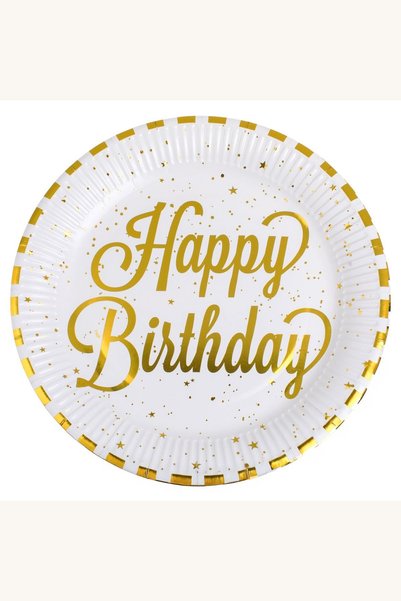 Comerivo Set 12 farfurii party carton alb cu benzi aurii Happy Birthday 23cm