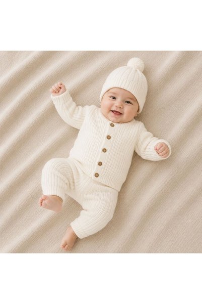 Unisex Bebek Triko Takım 3 Parça Ekru Düğmeli Hırka Pantolon ve Ponponlu Bere