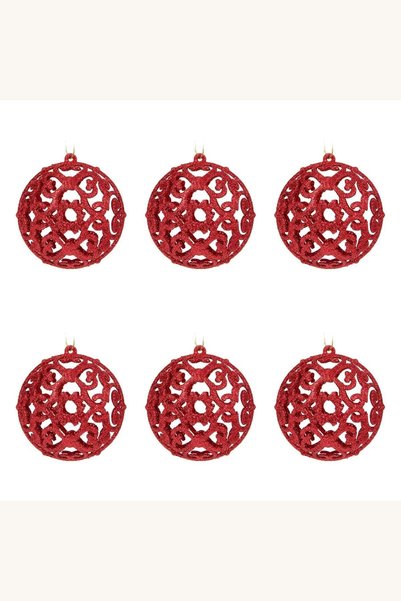 Comerivo Set 6 globuri rosii pentru brad cu glitter si model perforat 10cm