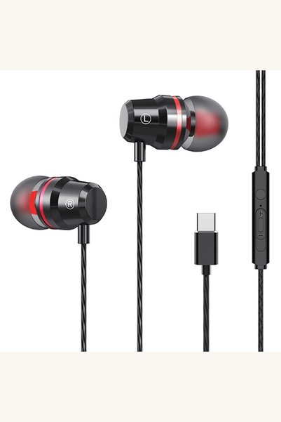 Comerivo Casti cu microfon si control volum, conectare USB Type C, negru si rosu