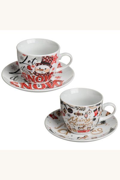 Comerivo Set de două căni pentru cafea sau ceai, cu farfurioare, porțelan alb...