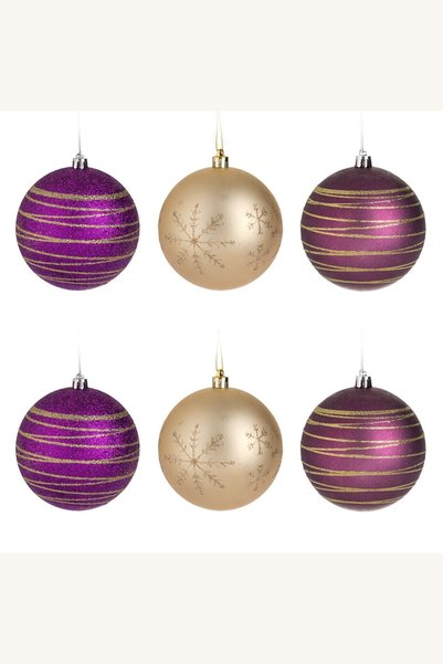 Comerivo Set 6 globuri de Crăciun mov și bej șampanie, cu glitter și fulgi, 8 cm