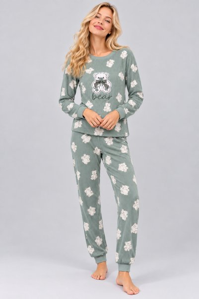 Pijamask Kadın Desenli Bisiklet Yaka Uzun Kollu Baskılı Rahat Kesim Pijama Takımı