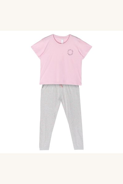 Comerivo Compleu pijama femei bumbac cu stelute, bluza roz maneca scurta pant...
