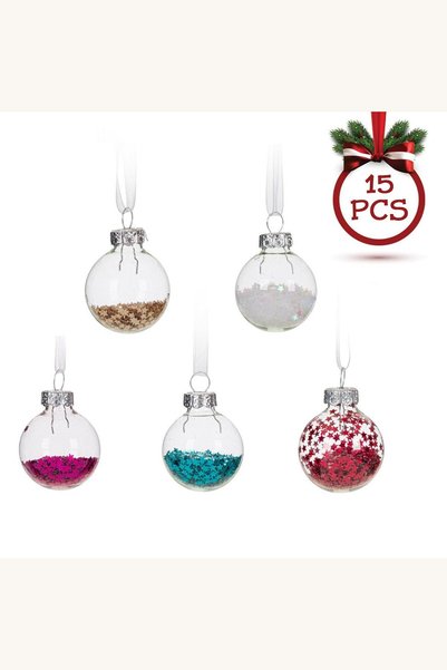 Comerivo Set 15 globuri Craciun transparente sticla cu stele confeti colorat 3cm
