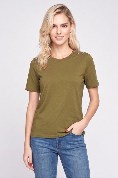 Daphnea Women Crew Neck Short Sleeve Solid T-Shirt, Olive