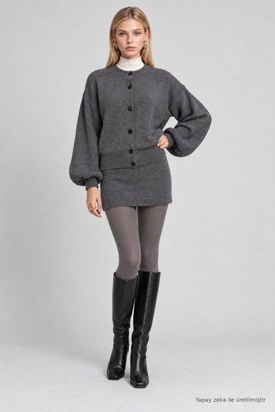 Lovelyİstanbul Cardigan-Skirt Knitwear Set Las0016 Anthracite