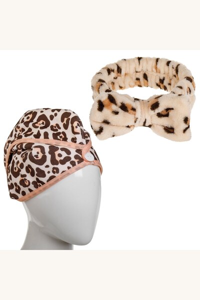 Comerivo Set 2 accesorii par - prosop wrap si bentita cu print leopard, bej