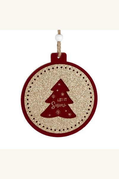 Comerivo Glob Craciun lemn rosu catifelat cu glitter auriu si brad, 10cm