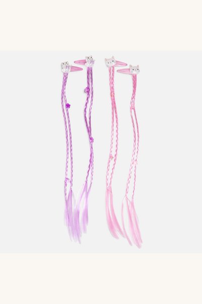 Comerivo Set 4 clame par copii roz si lila cu pisici si codite impletite 35cm