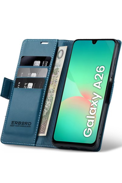 ERBORD Husă Samsung Galaxy A26 5G, Litchi lucios, Portofel cu clapetă, Albastru