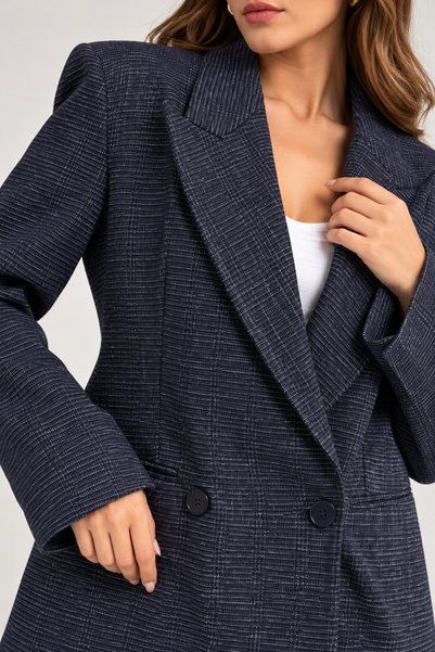 Mys Collection Kadın Lacivert Dokulu Blazer Ceket Kruvaze Düğmeli Vatkalı Uzun Kesim