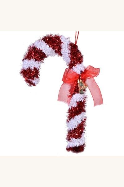 Comerivo Baston decorativ Craciun cu tinsel rosu-alb 16cm pentru brad