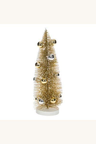 Comerivo Brad artificial auriu inzapezit 26cm cu globuri argintii si glitter