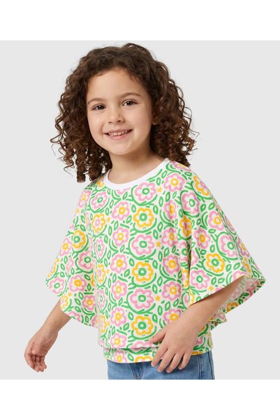 Pine kids Cotton Knit Half Sleeves Poncho Top With Floral Print - Multicolor